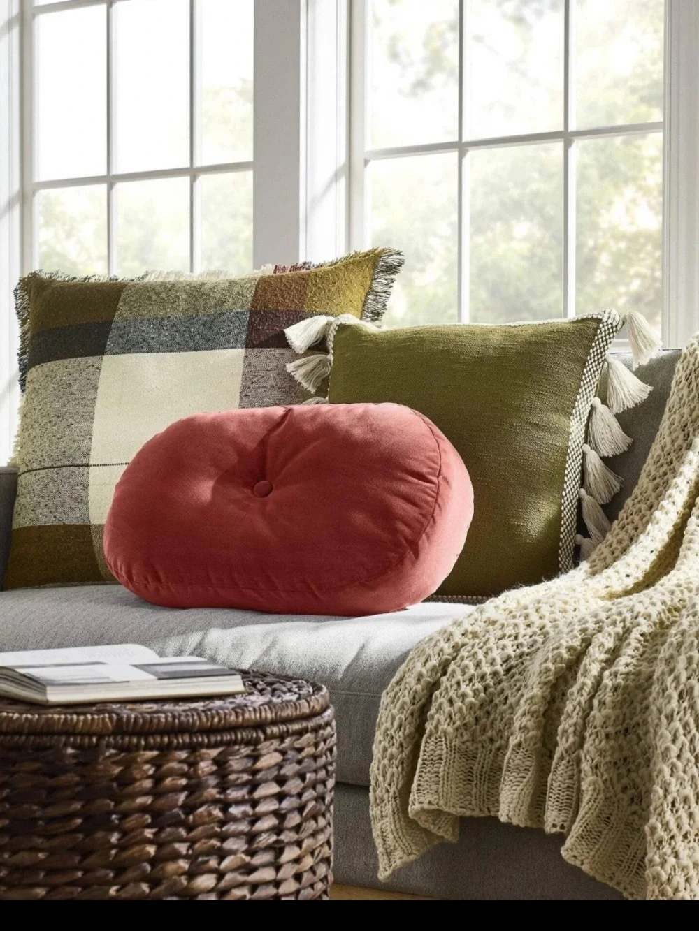 Threshold Olive Square Pillow with Cream Tassel Edge